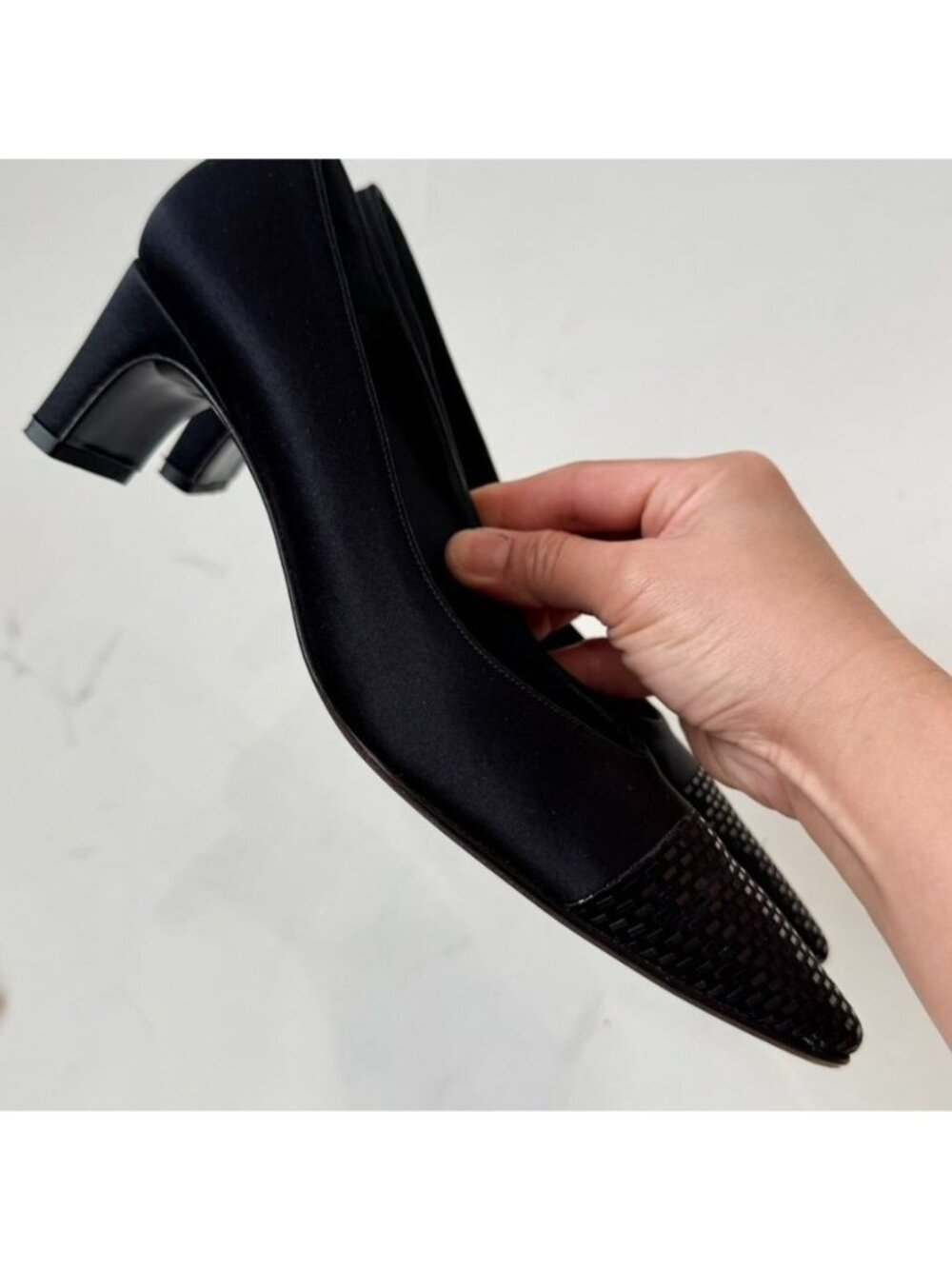 St. John Nicolette Pointed Toe Pumps Black Satin Women's 7B Made in Italy - Picture 6 of 12